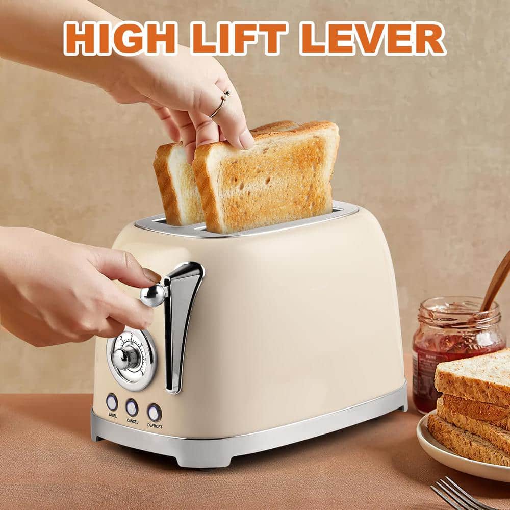 Beige 2-Slice Wide Slot Toaster with Crumb Tray