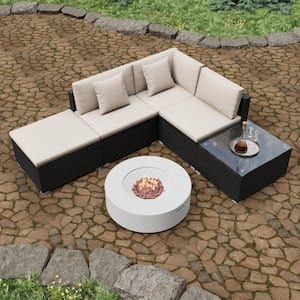 6-Piece PE Rattan Wicker Outdoor Patio Dining Conversation Set Sectional Sofa Set with Fire Pit White Cushion