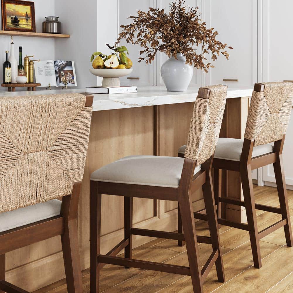 Cream Boucle and Seagrass Dark Brown Wood Bar Stool