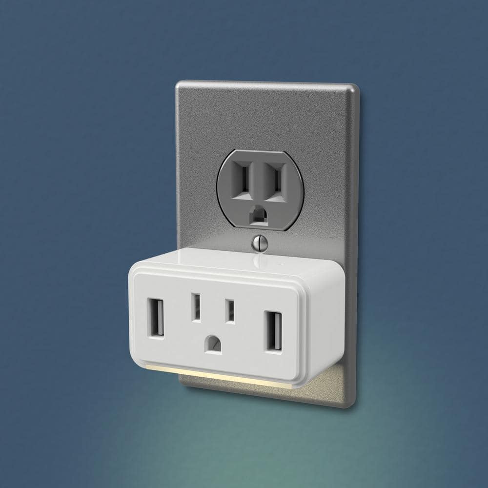 White Compact Dual USB Outlet with LED Night Light