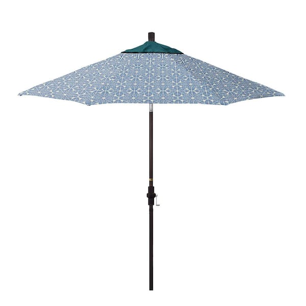 California Umbrella 9 ft. Bronze Aluminum Market Patio Umbrella with Fiberglass Ribs Crank & Collar Tilt in Palmetto Azure Pacifica Premium