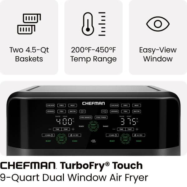 Chefman Turbofry Digital Touch Dual Basket Air Fryer, XL 9 Qt, 1500W, Black  