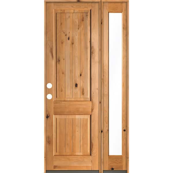 Krosswood Doors 44 in. x 96 in. Rustic Knotty Alder Square Top Right-Hand/Inswing Clear Glass Clear Stain Wood Prehung Front Door w/RFSL