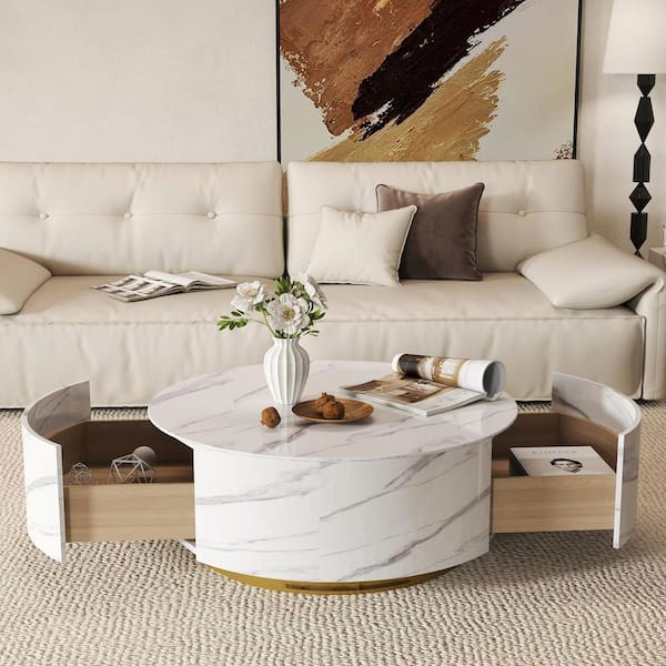 33 in. White Round Storage Sintered Stone Drum Coffee Table Center Table with 2 Drawers for Apartment, Fully Assembled