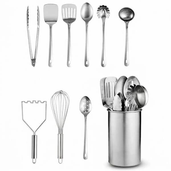 Modern Stainless Steel Finish 10-Piece Kitchen Utensils Set with Holder Nonstick Cooking Tools Mirror Polished