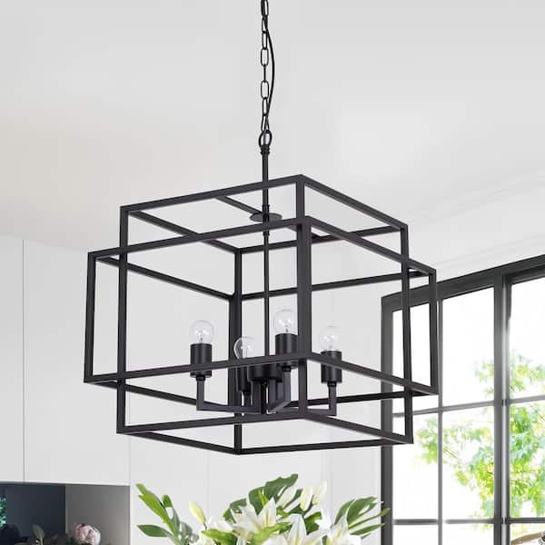 Hartford 4-Light 18 in. Black Farmhouse Square Dimmable Chandeliers Living Dining Foyer Lighting