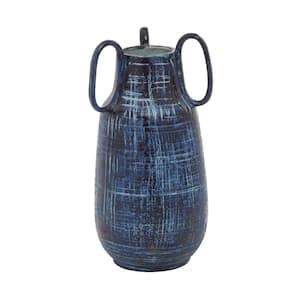 13 in. Blue Ceramic Decorative Vase with Handles