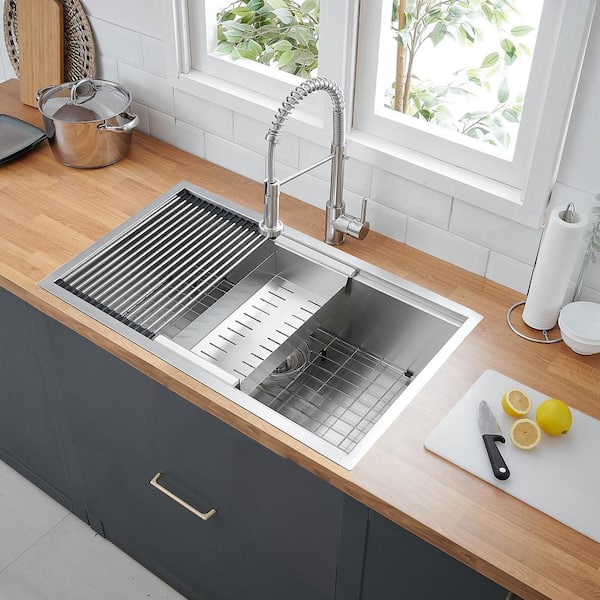 Waterfall Sink Undermount Kitchen Sink Single Bowl Stainless Steel Sink Set  Workstation Sink with Basket Strainer Drain