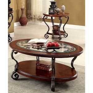 Nestillia 2-Piece 48 in. Brown Oval Glass Coffee Table Set with Shelf