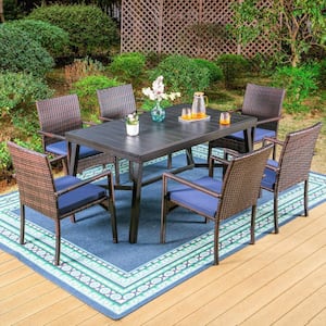 Black 7-Piece Metal Patio Outdoor Dining Set with Rectangle Slat Extendable Table and Rattan Chair with Blue Cushion