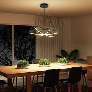3-Light Dimmable Integrated LED Black Tiered Ring Chandelier with Leather Accent