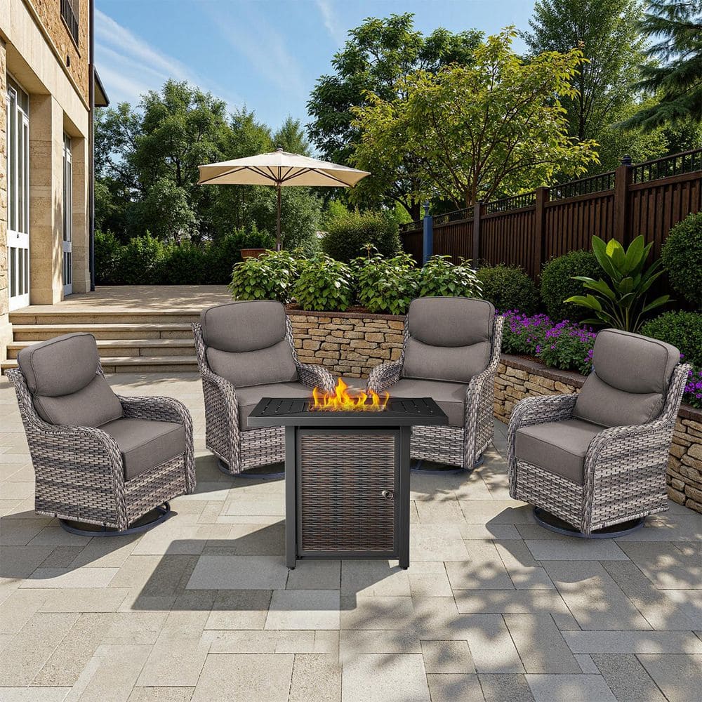 Arcadia Gray 5-Piece Wicker Patio Fire Pit Set, 4-Person Seating Set with Olefin Gray Cushions and Swivel Gliders price history on PriceWatchPro