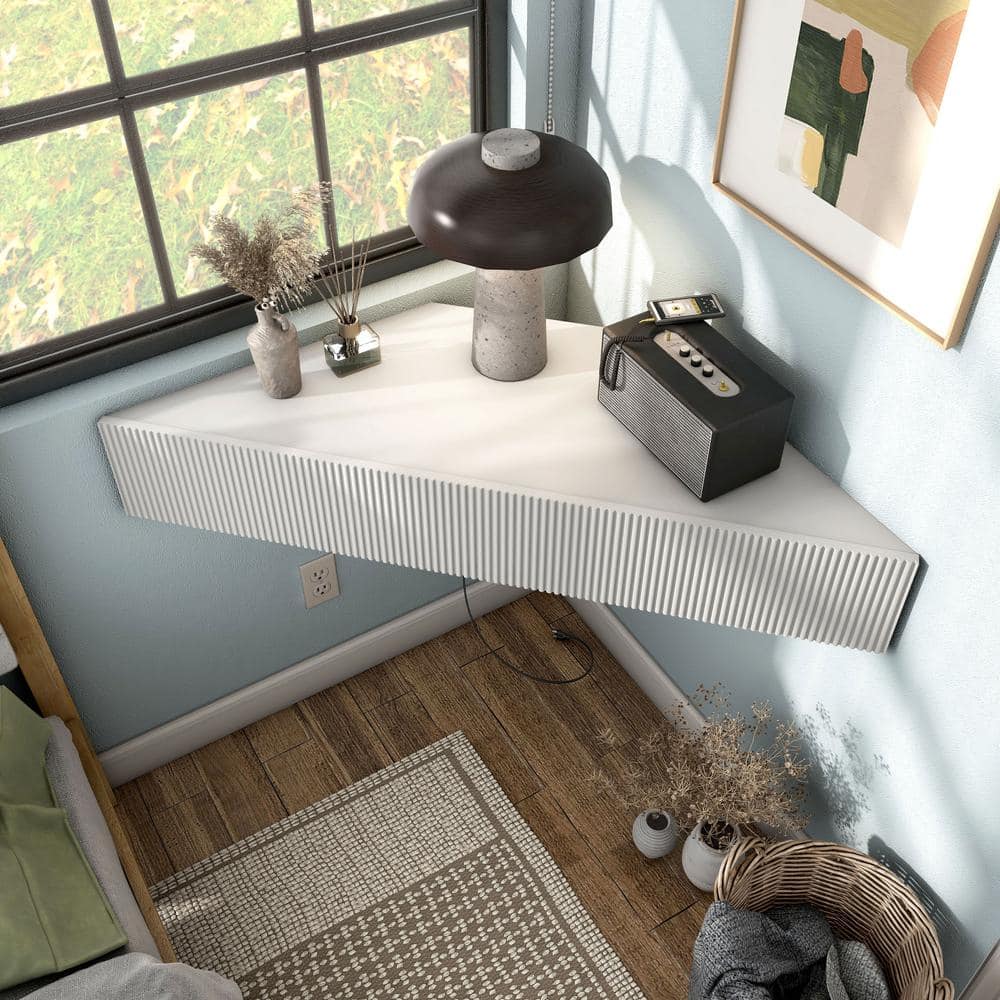 White 47-Inch Wood Corner Floating TV Console with Cabinet
