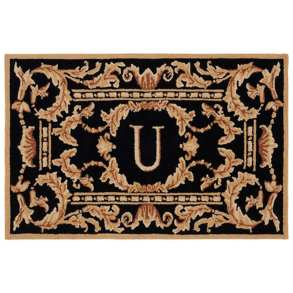 Monogram 3 ft. x 4 ft. Black Ornate Leaf Indoor/Outdoor Area Rug