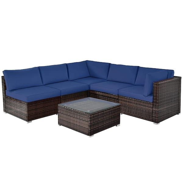 Costway 6-Piece Patio Navy Wicker Outdoor Sectional Set with Black Cushions