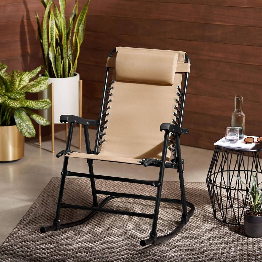 Beige Metal Zero Gravity Folding Outdoor Rocking Chair with Pillow