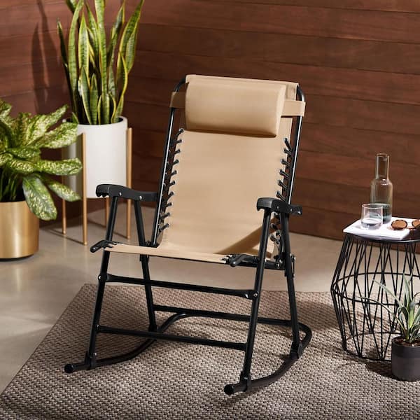 Unbranded Beige Metal Zero Gravity Folding Outdoor Rocking Chair with Pillow