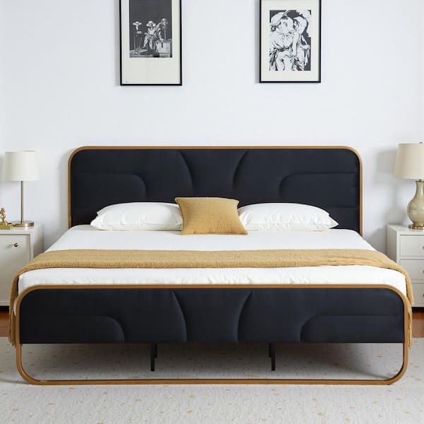Ahokua Black Frame King Size Soft Velvet Platform Bed with 10 in. Under Bed Storage Supported by Metal and Wooden Slats
