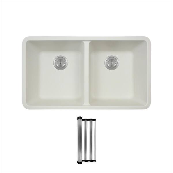 MR Direct White Quartz Granite 33 in. Double Bowl Undermount Kitchen Sink with Additional Accessories