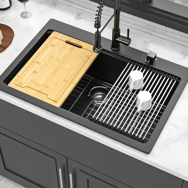 33 in. Drop-In Single Bowl Black Quartz Kitchen Sink with Workstation