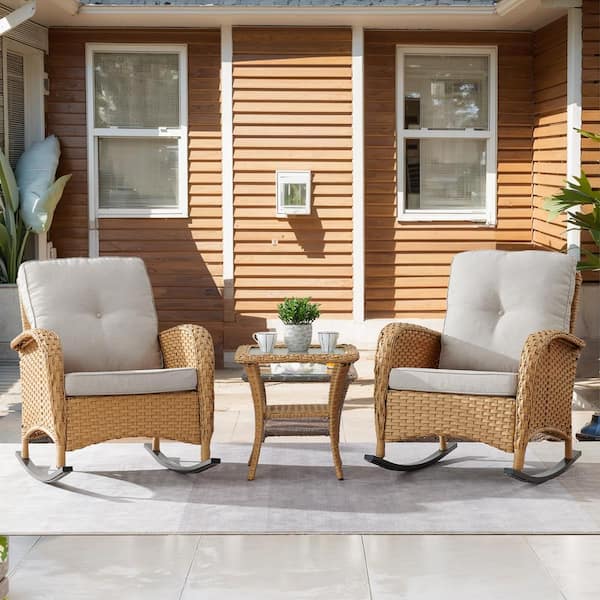 moosprr Yellow 3-Piece Wicker Outdoor Rocking Chair with Beige Cushions and Side Table