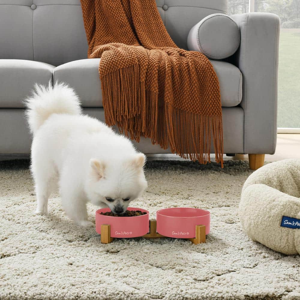 Pink Ceramic Dual Pet Bowl with Wooden Stand