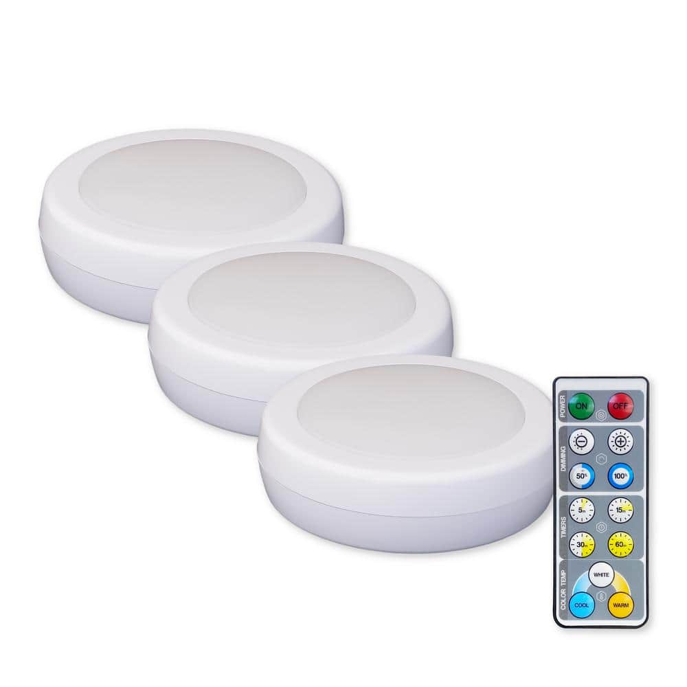 Adjustable White LED Battery Operated Puck Light with Remote - 3 Pack