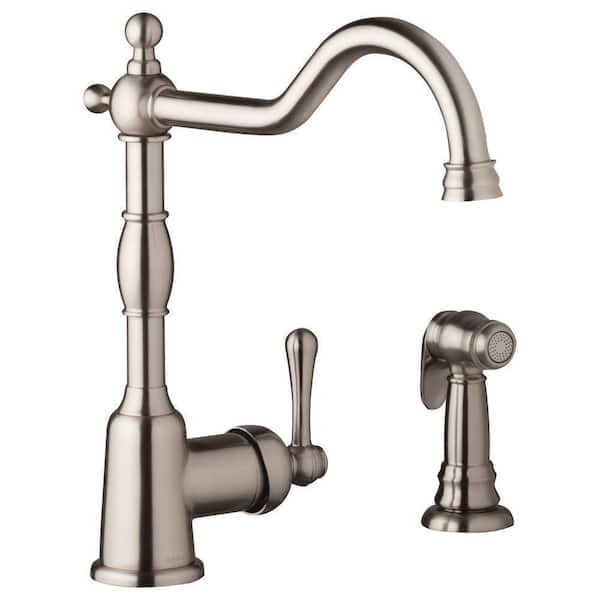 Opulence Single Handle Deck Mount Standard Kitchen Faucet with Side Spray in Stainless Steel