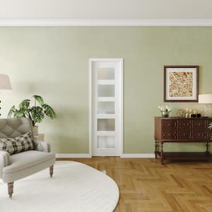 24in. x 80in. Interior Sliding Door, 5 Lites Frosted Glass Solid Wood MDF White Pantry Door Panels, Single Slab Finished