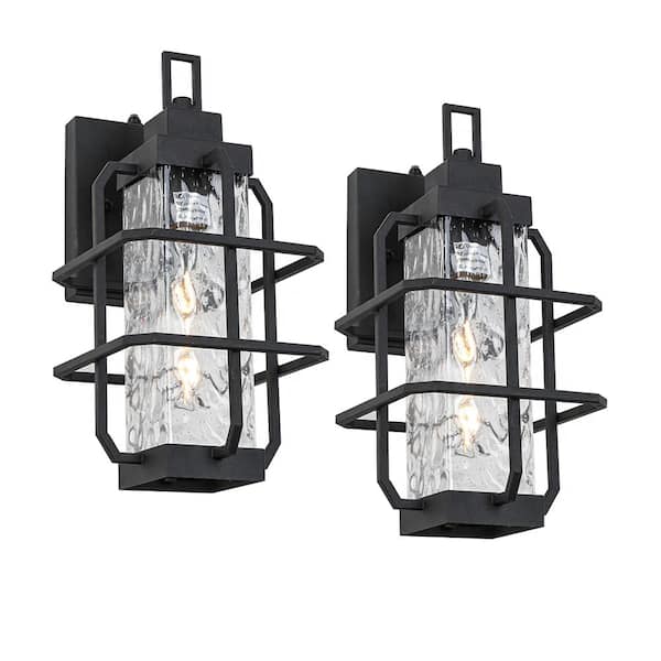 1-Light Sand Black Texture and Water Texture Glass Outdoor Induction Lantern Wall Sconce Lamp, Bulb Not Included