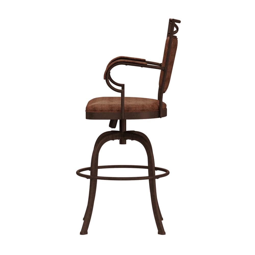 Aged Bronze Swivel Bar Stool with Weathered Brown Faux Leather