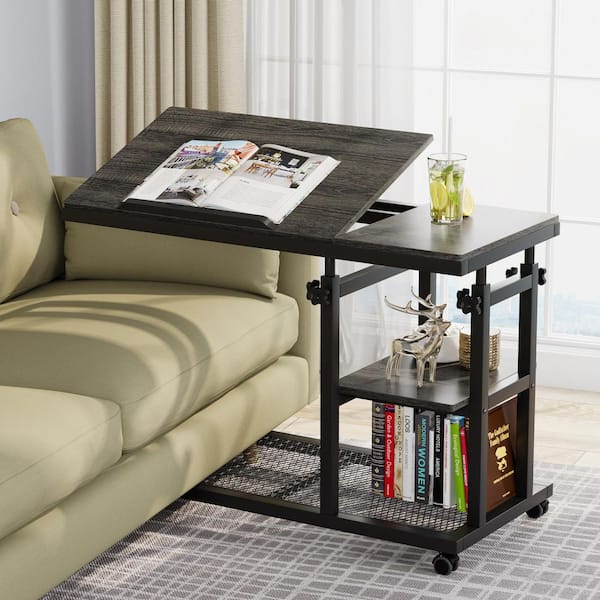 31.5 in.  Mobile Black and Gray Height Adjustable C-shaped Table Particle Board End Table with Wheels, Storage Shelves