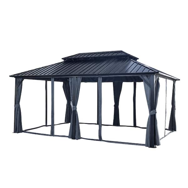 Unbranded 12 ft. x 18 ft. Aluminum Double-Roof Galvanized Steel Hardtop Outdoor Patio Permanent Gazebo with Netting and Curtains