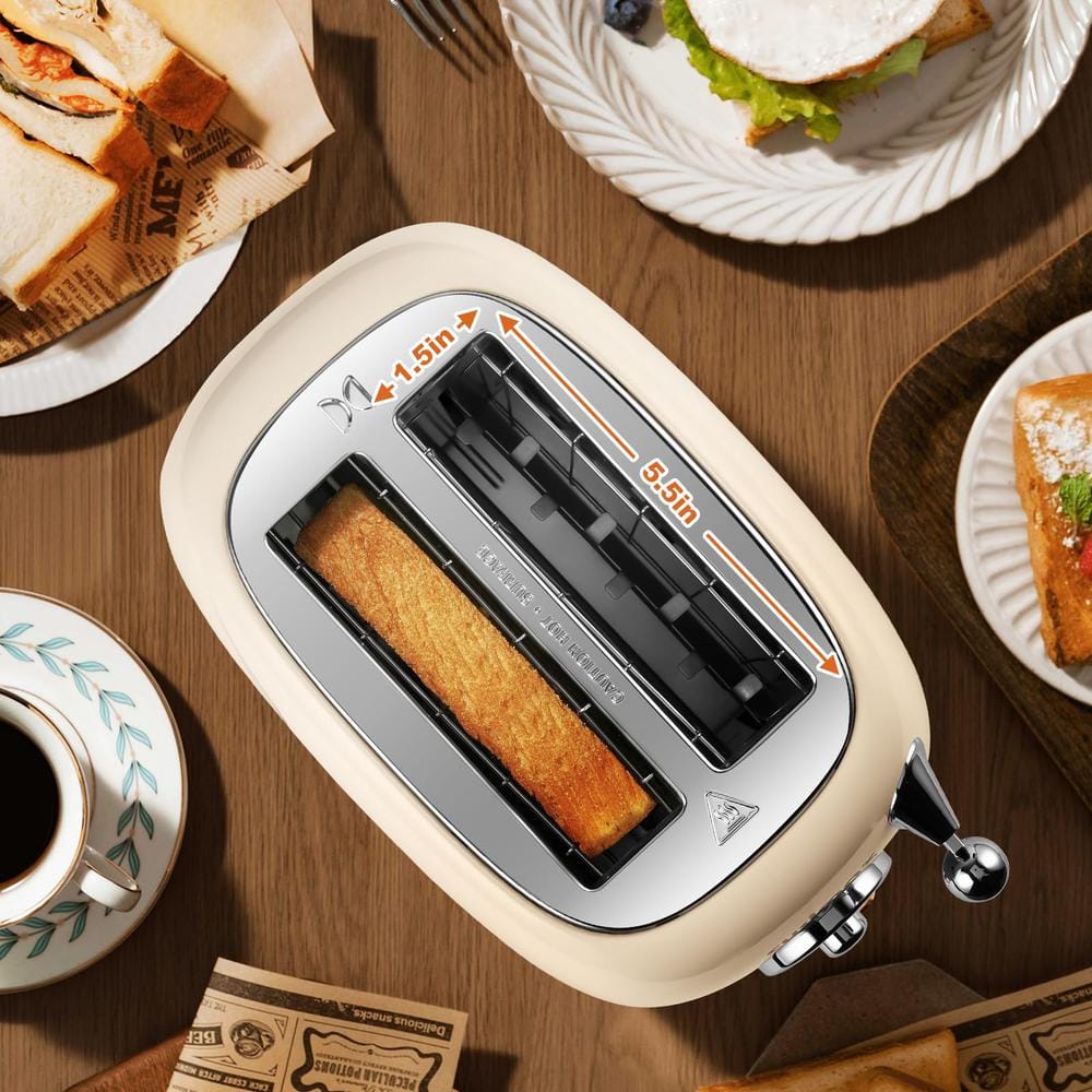 Beige 2-Slice Wide Slot Toaster with Crumb Tray