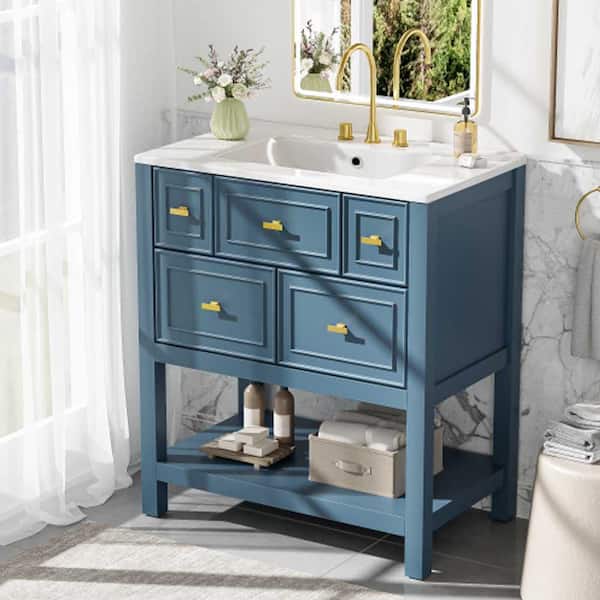30 in. Freestanding Blue Bath Vanity with White Ceramic Sink Top Combo, 5 Drawers and Solid Wood Frame