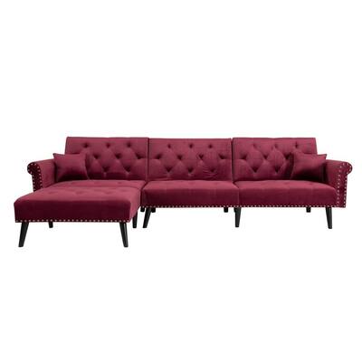 115 in. Red Velvet Twin Sleeper Sofa Bed with Metal Nails