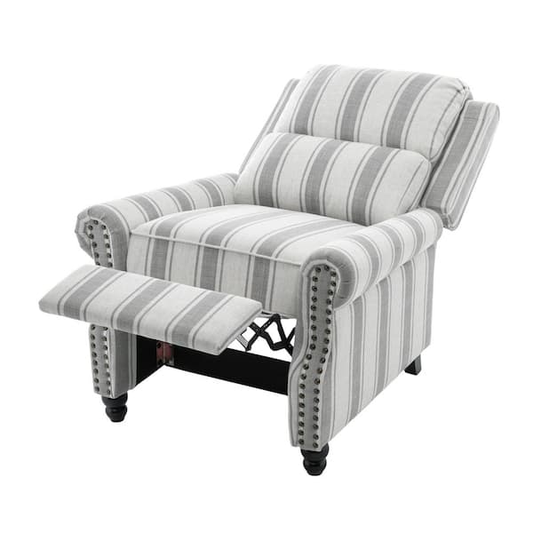 Uixe Gray Striped Linen Nailhead Trim Upholstered Recliner Chair