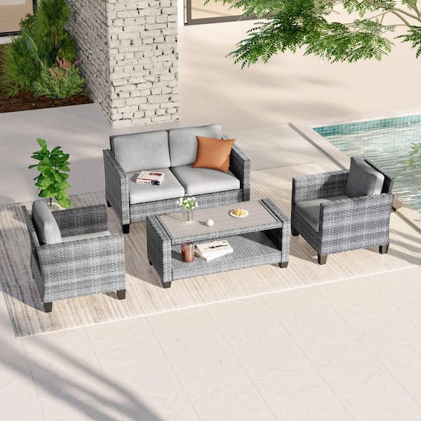 4-Pieces Patio Conversation Set Outdoor Loveseat Sofa with Coffee Table Gray Wicker Removable Linen Gray Cushions