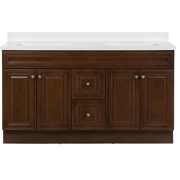 Glensford 61 in. Double Sink Butterscotch Bath Vanity with White Cultured Marble Top (Assembled)