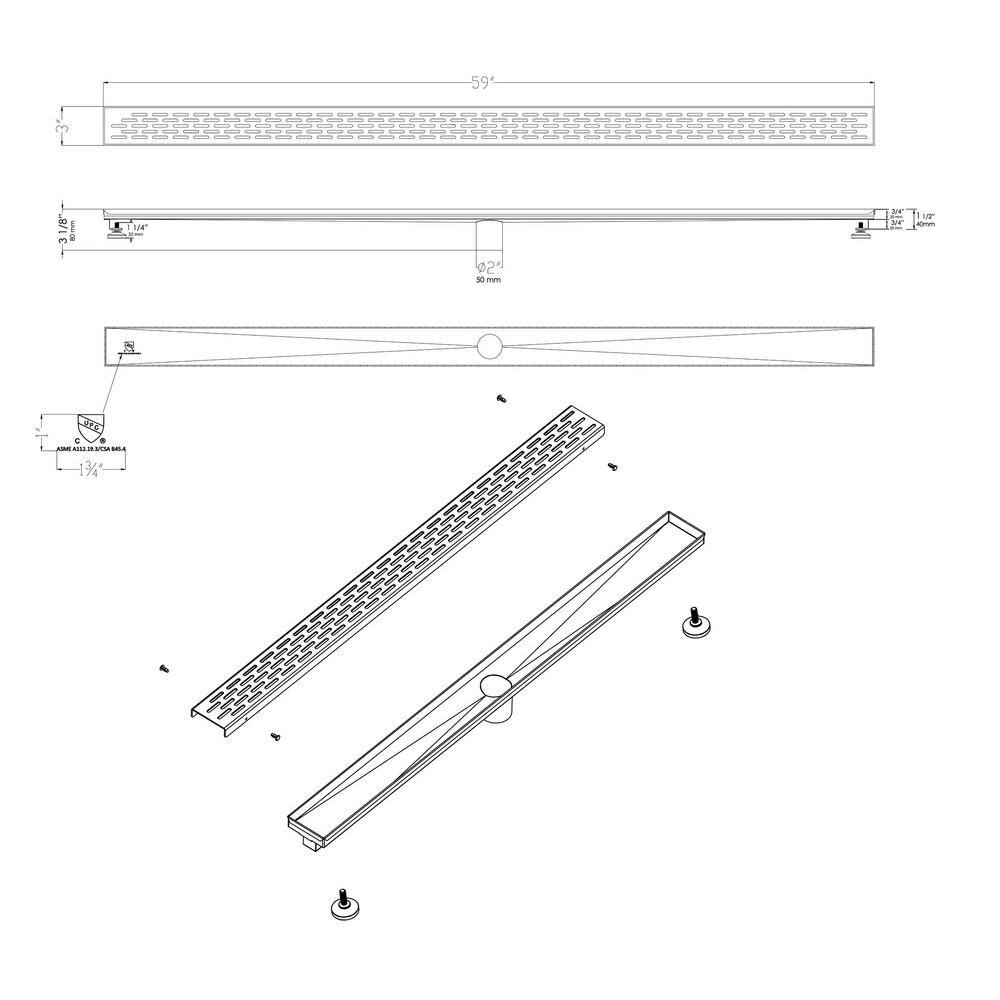 59'' Brushed Stainless Steel Linear Shower Drain with Groove Holes
