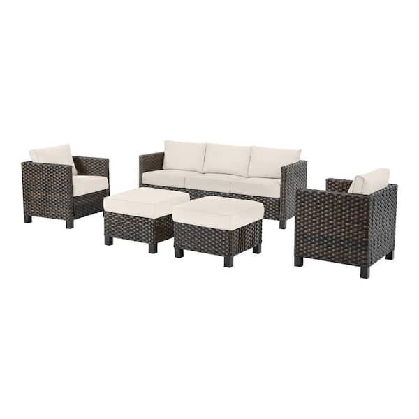 StyleWell Sharon Hill 5-Piece Wicker Patio Conversation with Almond  Biscotti Cushions DE228565758 - The Home Depot