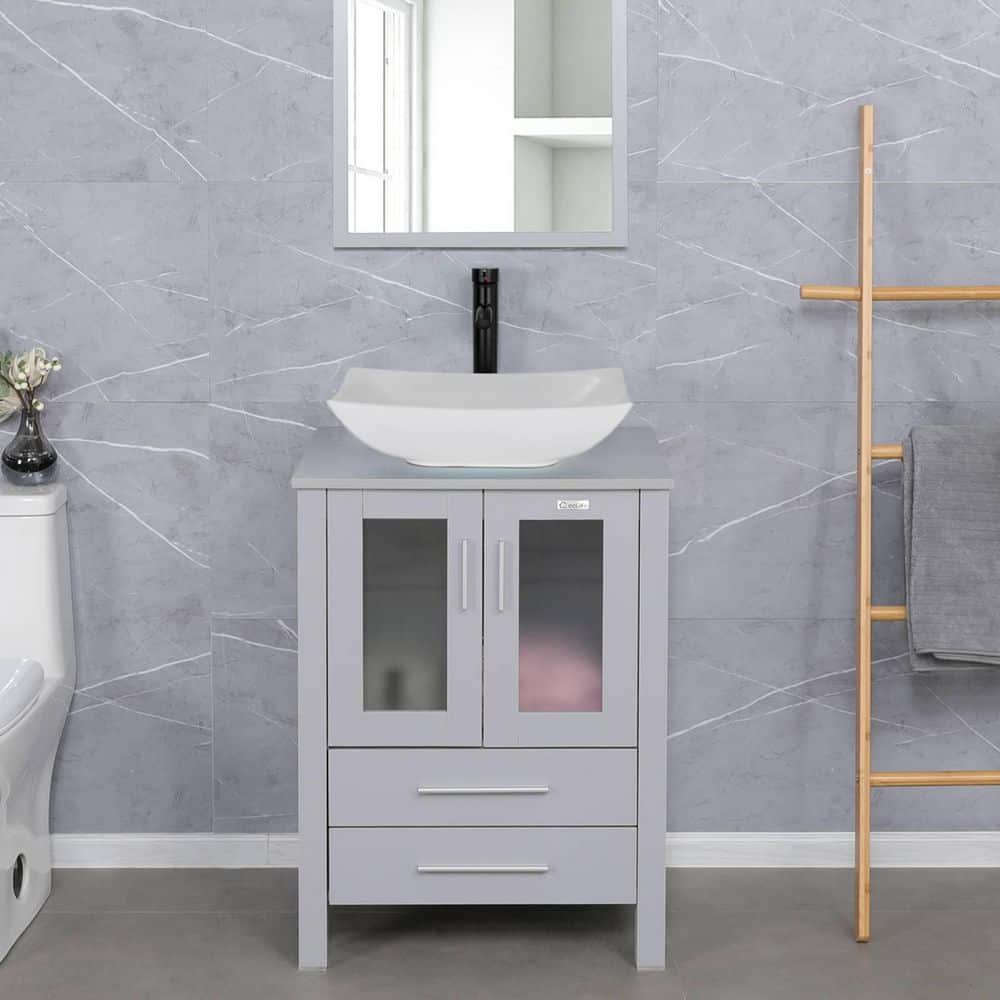 24 in. W x 20 in. D x 32 in. H Single Sink Gray Bath Vanity with White Ceramic Vessel Sink Top Chrome Faucet Set price history on PriceWatchPro