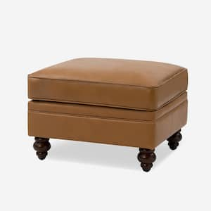 Hilario 26.5 in. Wide Mid-Century Modern Style Camel Genuine Leather Ottoman with Wood Legs