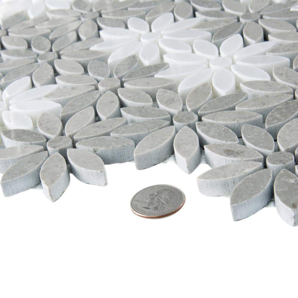 Gray and White Floral Polished Marble Mosaic Tile
