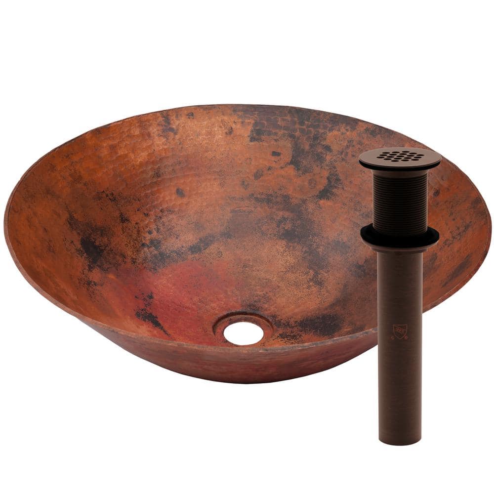 Novatto Catalonia Round Hammered Copper Vessel Sink with Strainer Drain in Oil Rubbed Bronze, Natural copper finish -  TCV-002NAORB