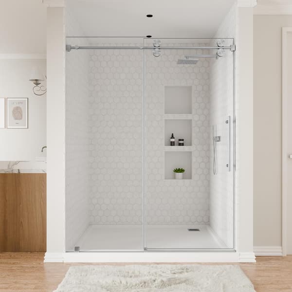 SHAAMA 66 in. W x 76 in. H Single Sliding Frameless Shower Door in Brushed Nickel with Smooth Sliding and 3/8 in. Clear Glass