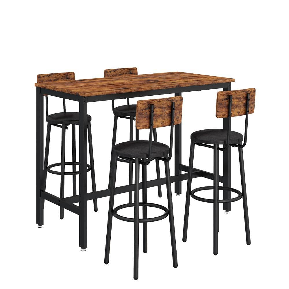 5-Piece Rustic Brown Wood Rectangular Outdoor Serving Bar Set with 4 Black 