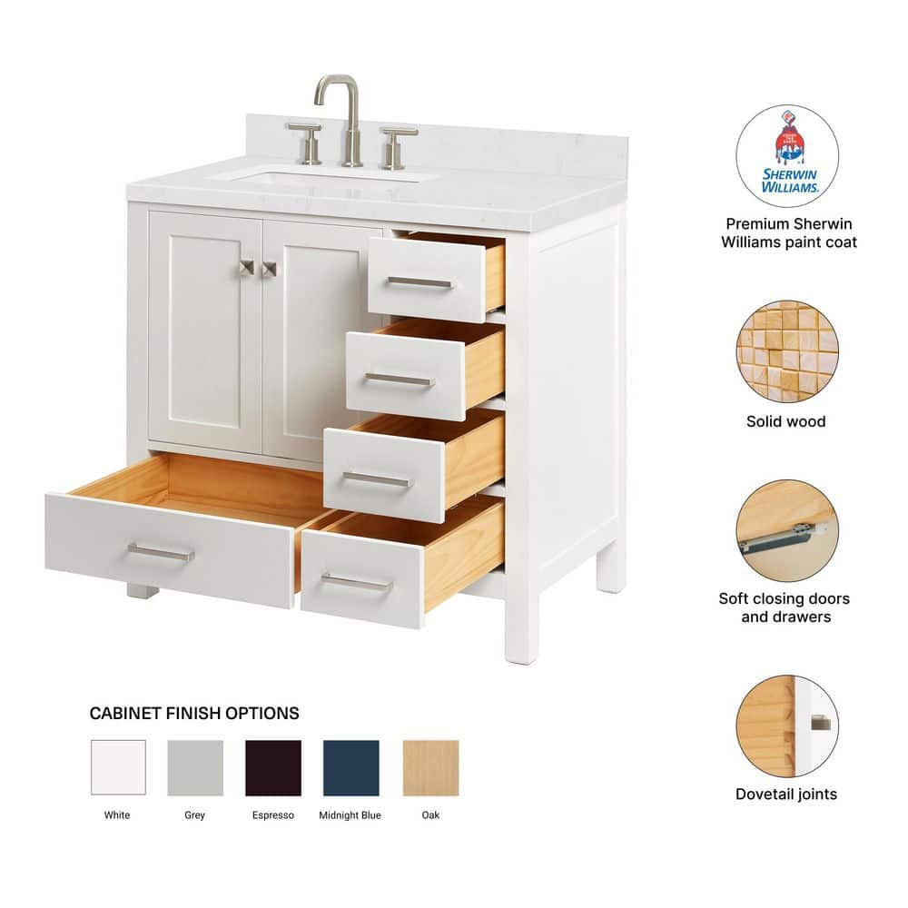 Cambridge 36" White Hardwood Freestanding Vanity with Quartz Top