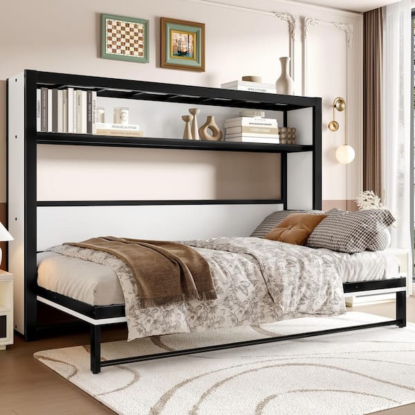 White Wood and Metal Frame Twin Size Murphy Bed with Storage Shelf, Foldable Wall Bed, Space-Saving Design