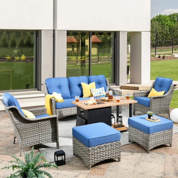 weaxty W Tulip A Gray 6-Piece Wicker Patio Storage Fire Pit Conversation Sofa Set with Diamond Blue Cushions